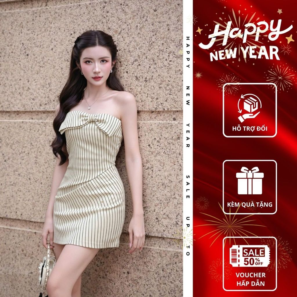 Đầm body cúp ngực kẻ sọc dáng ngắn đính nơ Emili Lux váy tiệc trẻ trung sang chảnh tôn dáng [V518]