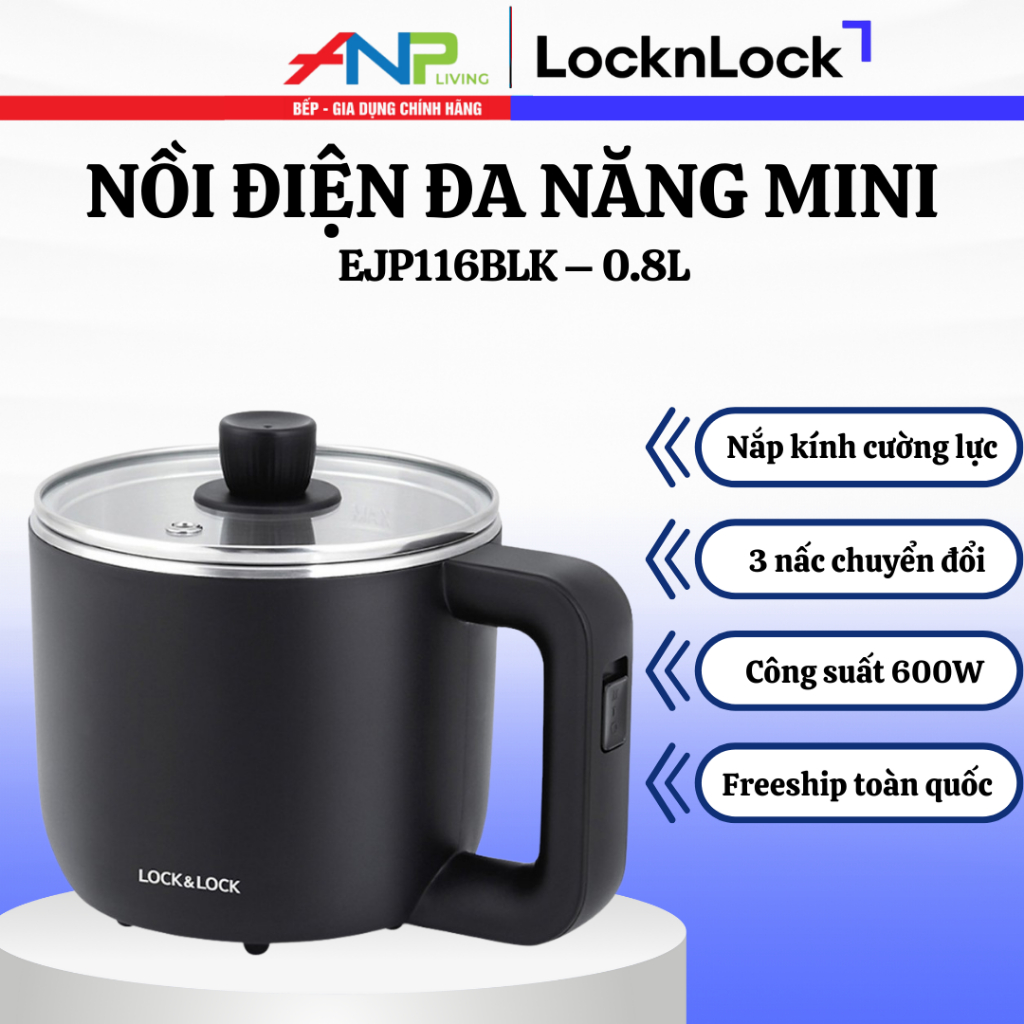 Nồi Điện Đa Năng Mini Lock&Lock EJP116BLK – 0.8L, 600W, Màu Đen – Chính Hãng