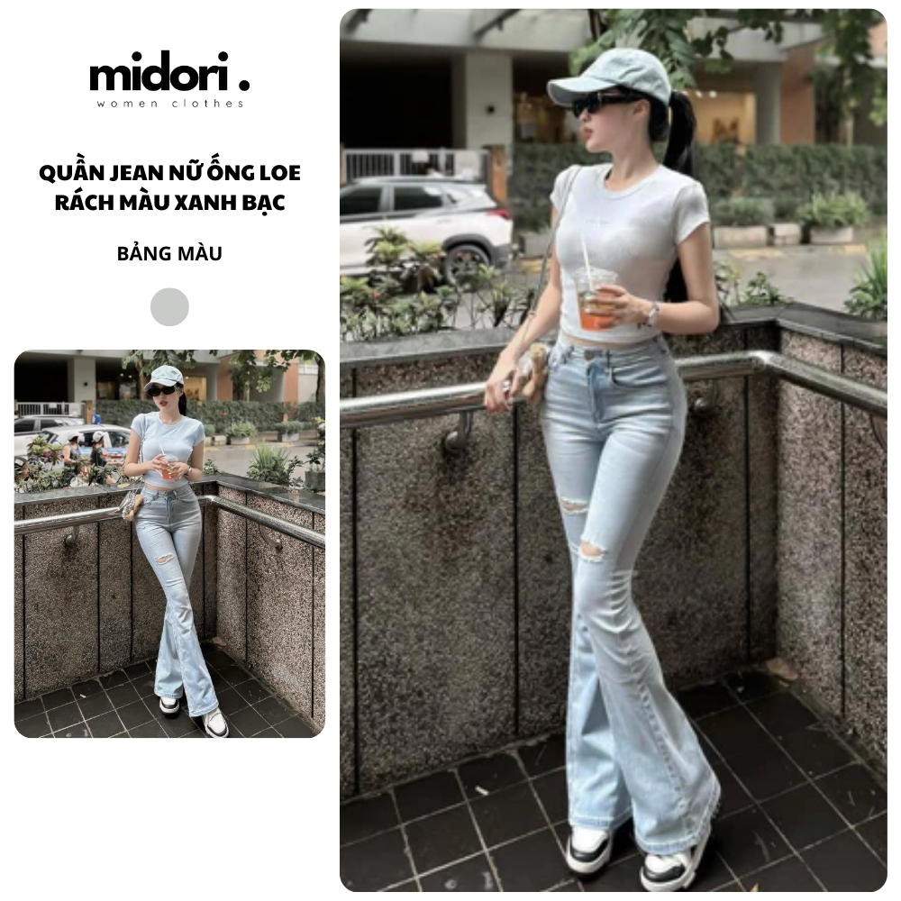 Quần Jean Nữ Ống Loe Rách Cạp Cao Co Dãn Midori Shop Quần Bò Nữ Lưng Cao Hách Dáng S038