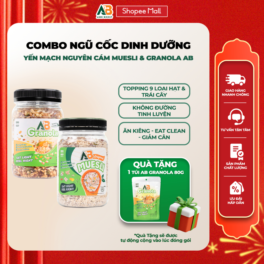 COMBO Ngũ Cốc Hạt Dinh Dưỡng Mix Ăn Healthy AB AGRI BOOST NUTRITION Muesli & Granola 480g Ăn Kiêng