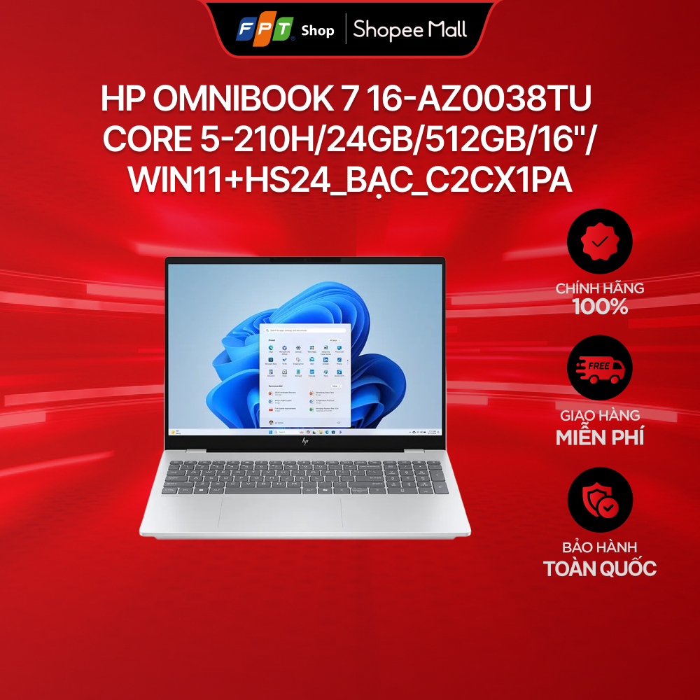 [Chỉ GH tận nơi] HP OmniBook 7 16-az0038TU  Core 5-210H/24GB/512GB/16"/Win11+HS24_Bạc_C2CX1PA