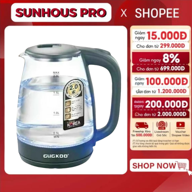 ST16 Ấm Siêu Tốc Thủy Tinh Đèn LED 2 Lít GUGKDD GD-ST16  - BH12 Tháng