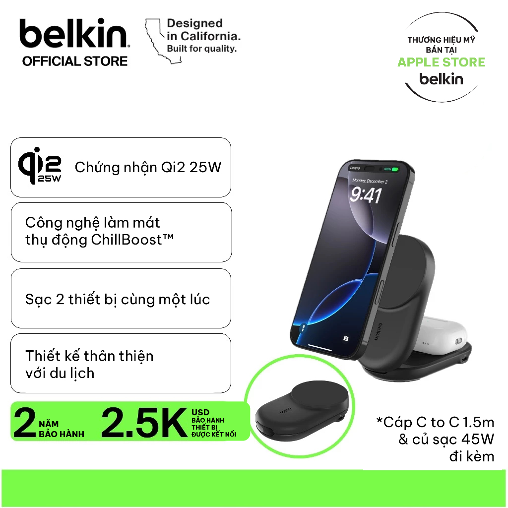 Đế sạc không dây Belkin chuẩn Magsafe 2-in-1 Qi2.2 25W sạc nhanh không dây cho thiết bị iPhone, Airp
