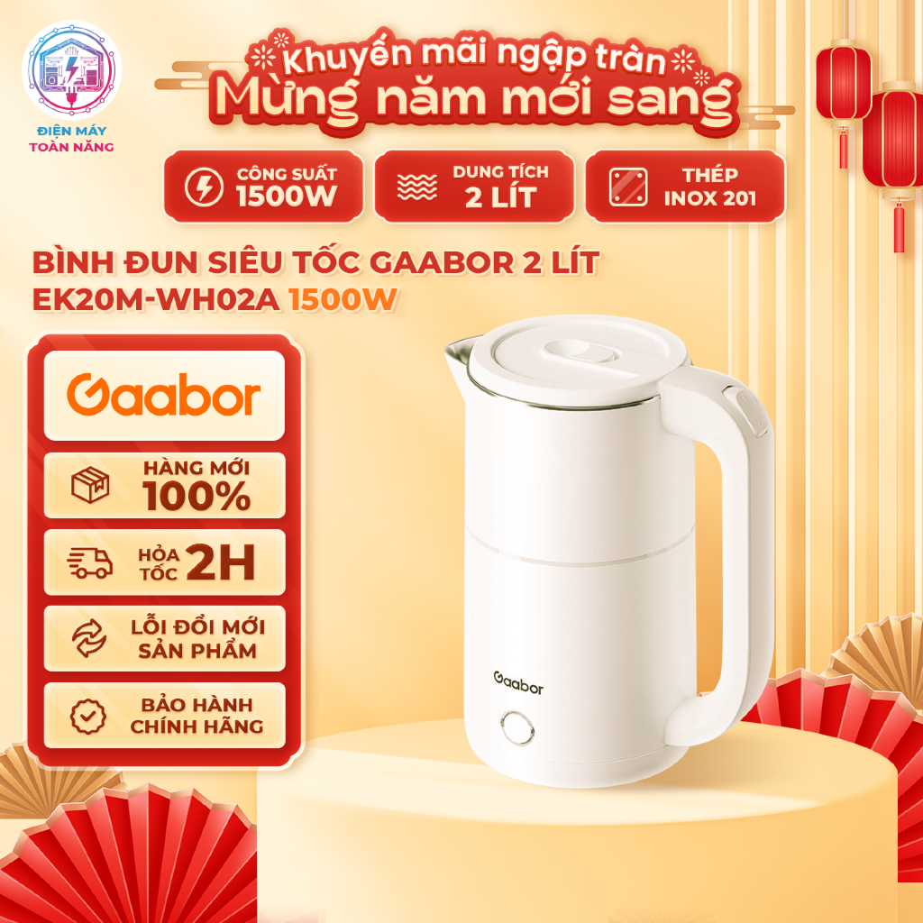 Bình Đun Siêu Tốc Gaabor 2 Lít EK20M-WH02A - Công Suất 1500W - Chính Hãng
