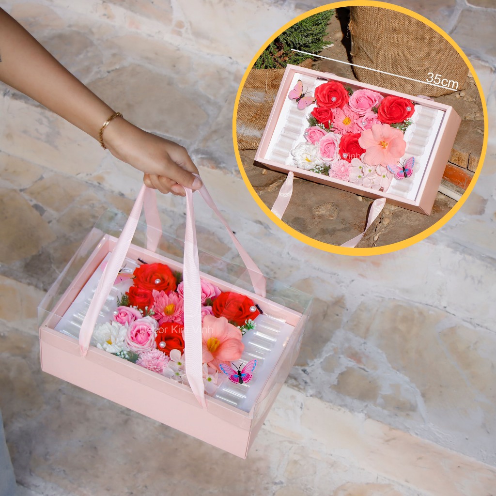 Hộp Hoa HH09 Kèm Khay Đựng Tiền (Tặng Thiệp & Đèn) Quà Tặng Ý Nghĩa 8/3, Sinh Nhật, Valentine