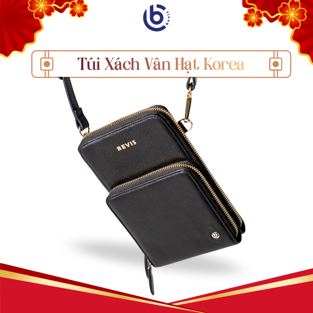 Túi Da Nhập Khẩu Bevis Đen Vân Hạt Korea Unisex Nam Nữ Sang Trọng  TTEL-M2-D-03