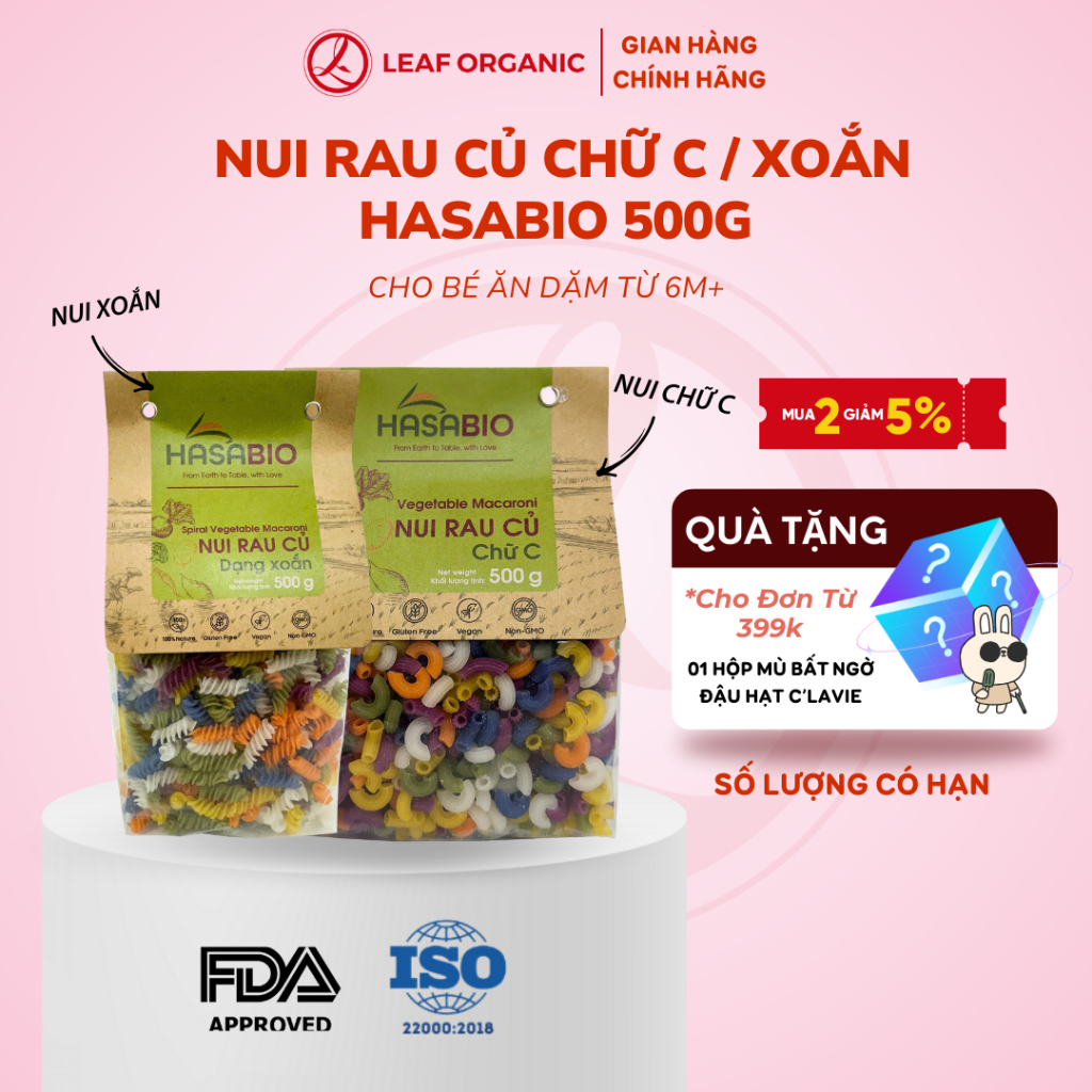 Nui rau củ Hasa Bio 500g (Gói) - Nui chữ C/Nui dạng xoắn