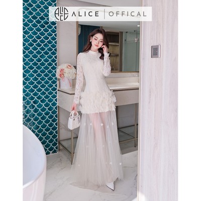 Váy Dự Tiệc Cao Cấp Alice Chất Ren Phối Lưới Đính Hoa Nổi, Đầm Maxi Dài Tay Cao Cổ Dáng Xòe Nữ Tính V1438