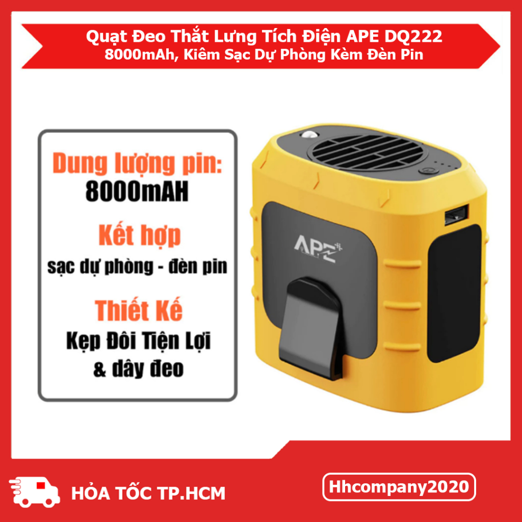 Quạt Sạc Đeo Thắt Lưng APE DQ222 – Pin 8000mAh Kiêm Sạc Dự Phòng, Có Đèn Pin LED – Công Suất 10W