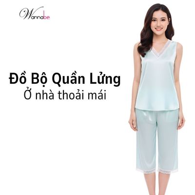 Đồ mặc nhà lụa WANNABE đồ bộ quần lửng phối áo tay sát nách phối ren mang lại vẻ đẹp nhẹ nhàng BLS11