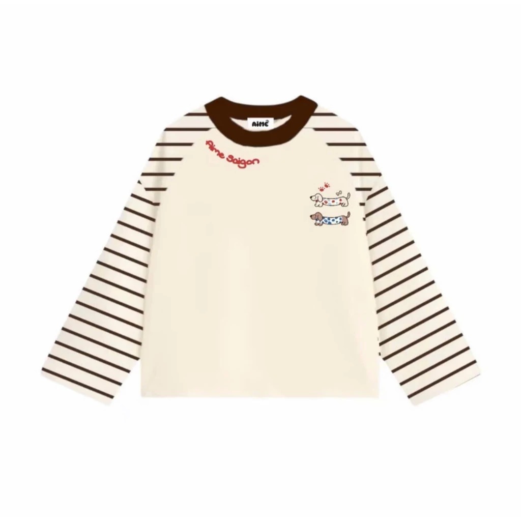 Áo Thun Boxy Dài Tay Cotton Cổ Tròn Nam Nữ , Áo Phông Nữ Form Rộng Thu Đông Phối Sọc Tay Áo Hoạ Tiết Cún Ver 2 Hottrend