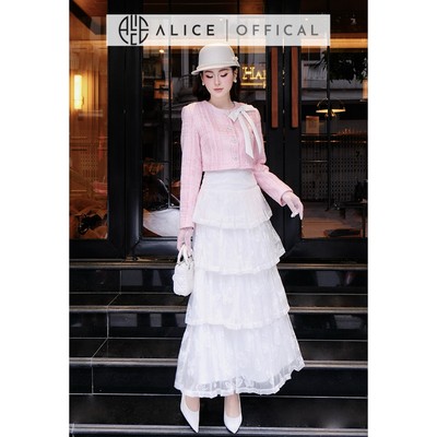 Set Váy Thu Đông Alice Áo Chất Dạ Tweed Nhũ Lót Lụa Phối Chân Váy Tơ Thêu Hồ Điệp Dáng Maxi Xếp Ly 5 Tầng S1028