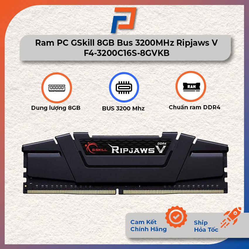 Ram PC GSkill 8GB Bus 3200MHz DDR4 Ripjaws V Model F4-3200C16S-8GVKB Bảo hành 36 tháng chính hãng