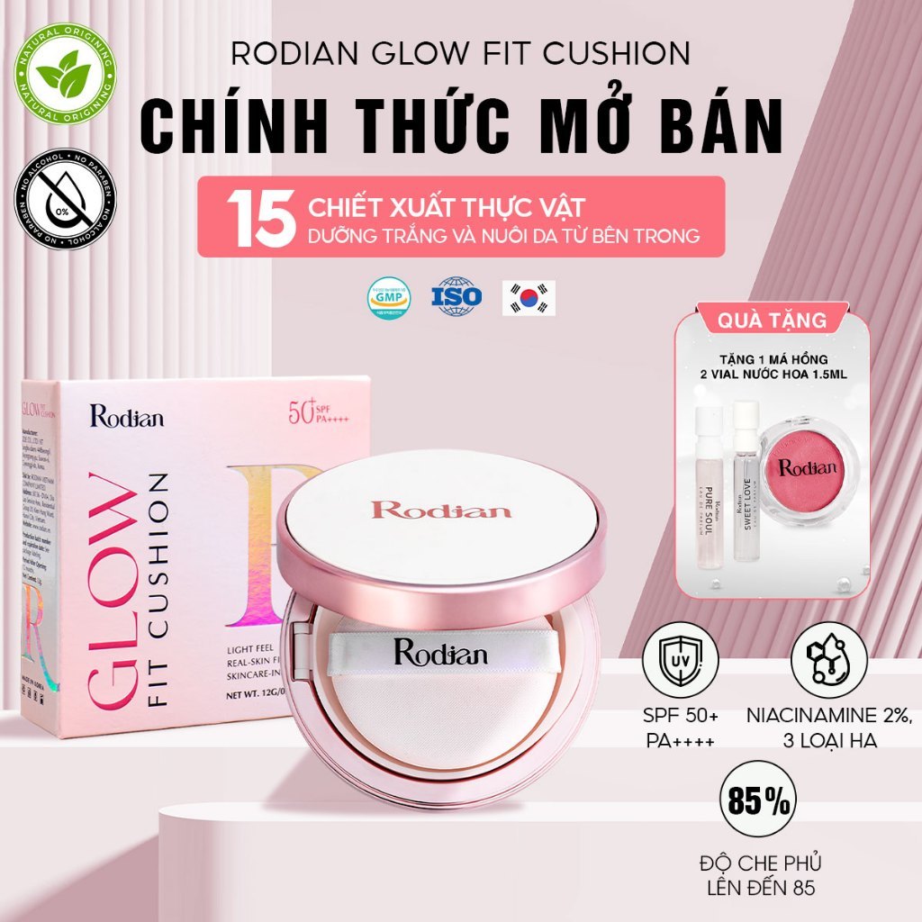 Phấn Nước RODIAN GLOW FIT CUSHION SPF50+ PA++++ An Toàn Cho Da Chính Hãng (1 lõi x 12g)