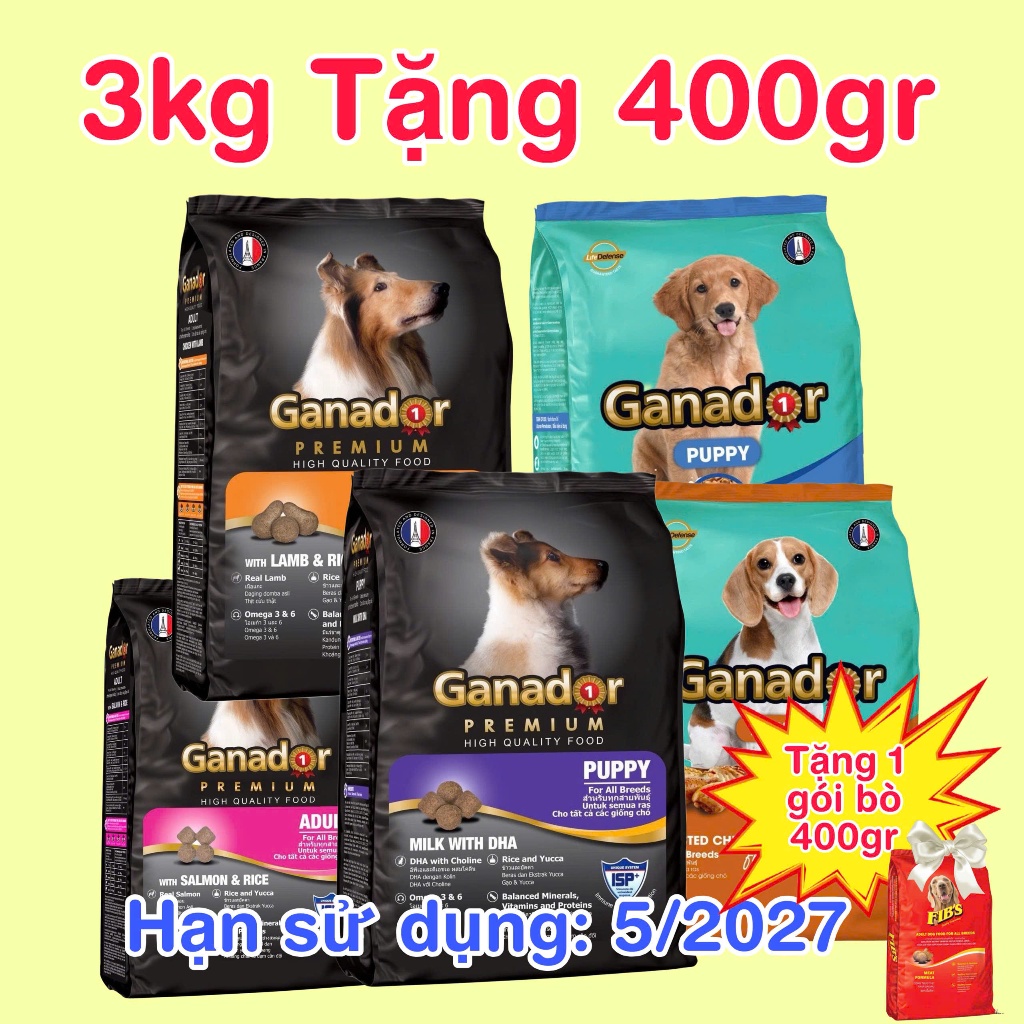 (3Kg Tặng 400g) Thức ăn cho chó hạt Ganador 3kg nhiều vị