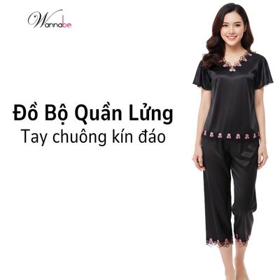 Đồ bộ mặc nhà WANNABE bộ đồ quần lửng phối áo cổ tim viền ren Nhật tay chuông che bắp tay thô BLS08