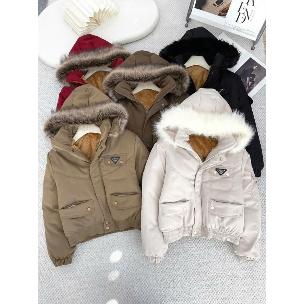 Áo Khoác Parka Kaki Dáng Ngắn Dễ Mặc Mũ Lông Lót Lông Ấm Áp Xinh Xắn Trẻ Trung Cho Nữ Năng Động