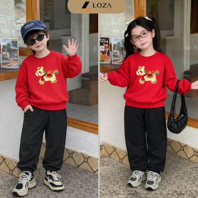 Bộ nỉ cho bé trai,bé gái in hình Ngựa Tết Bính Ngọ size 18-42kg - Quần áo nỉ cho trẻ em Loza Kids BI004