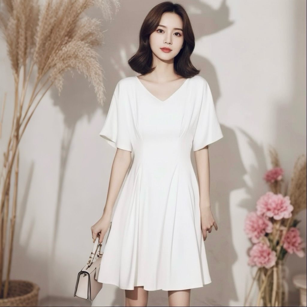 Đầm trắng cổ V xếp li eo, váy vintage (kèm hình thật)