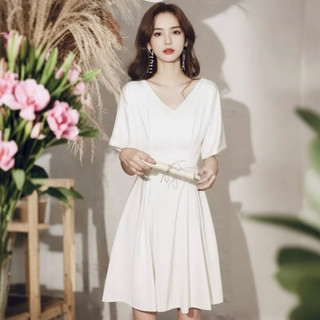 Đầm trắng cổ V xếp li eo, váy vintage (kèm hình thật)