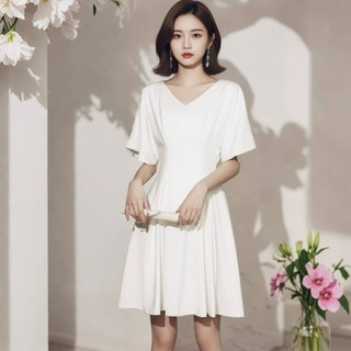 Đầm trắng cổ V xếp li eo, váy vintage (kèm hình thật)