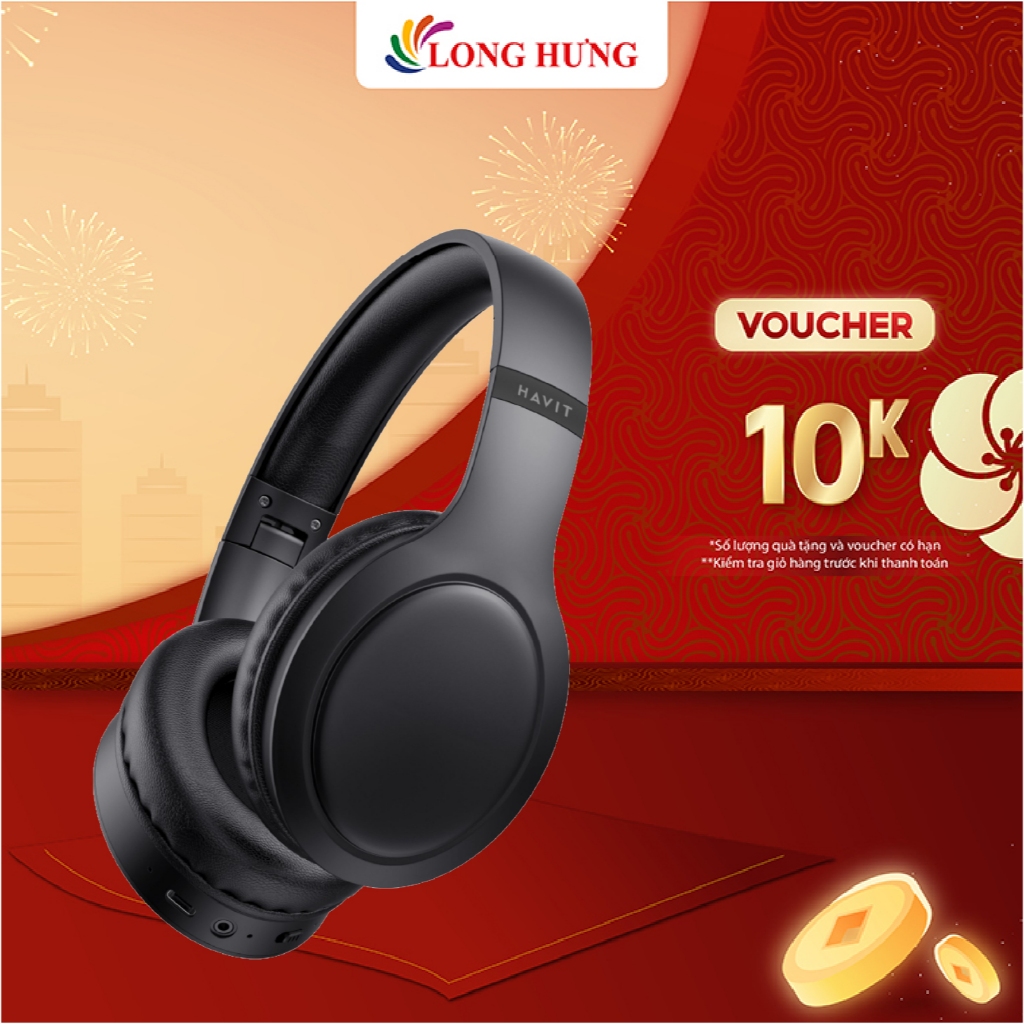 Tai nghe chụp tai Bluetooth Havit H633BT - Hàng chính hãng - Kiểu dáng cong thái học, Bluetooth v5.1