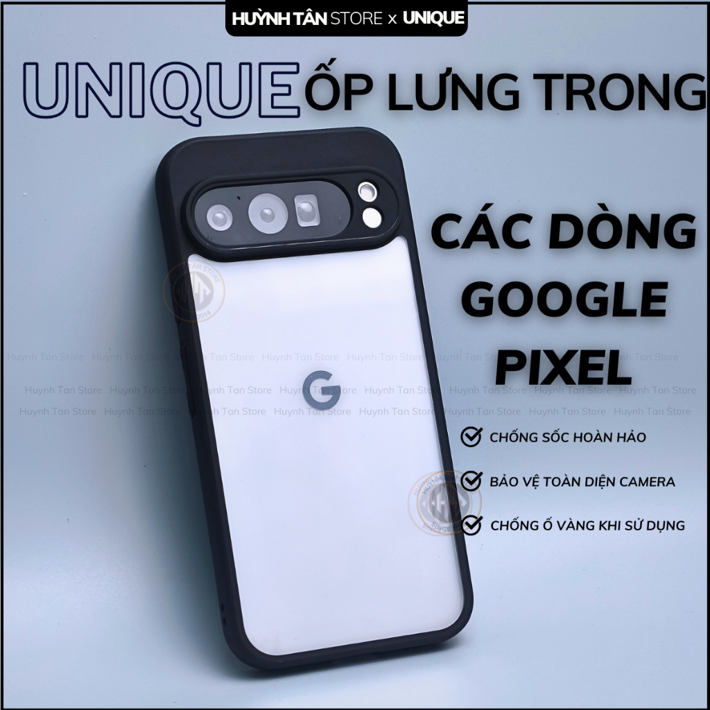 Ốp lưng pixel 10 9 pro xl 9a 8 8a 7a chống sốc viền đen lưng trong UNIQUE không vàng bảo vệ camera