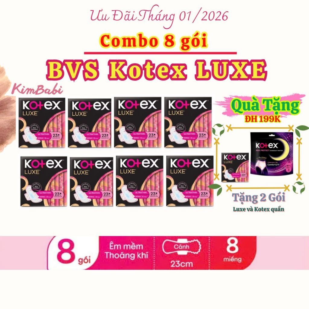 Combo 8 gói Băng vệ sinh Kotex Luxe Có Cánh 23cm 8 miếng