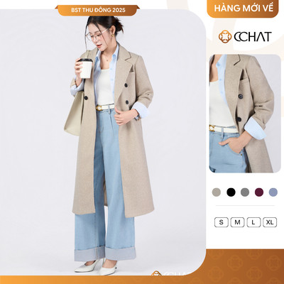Áo Măng Tô 𝐂𝐂𝐇𝐀𝐓 Dáng Suông Dài 2 Hàng Khuy Chất Liệu Dạ Cao Cấp 24MDZ2005ST