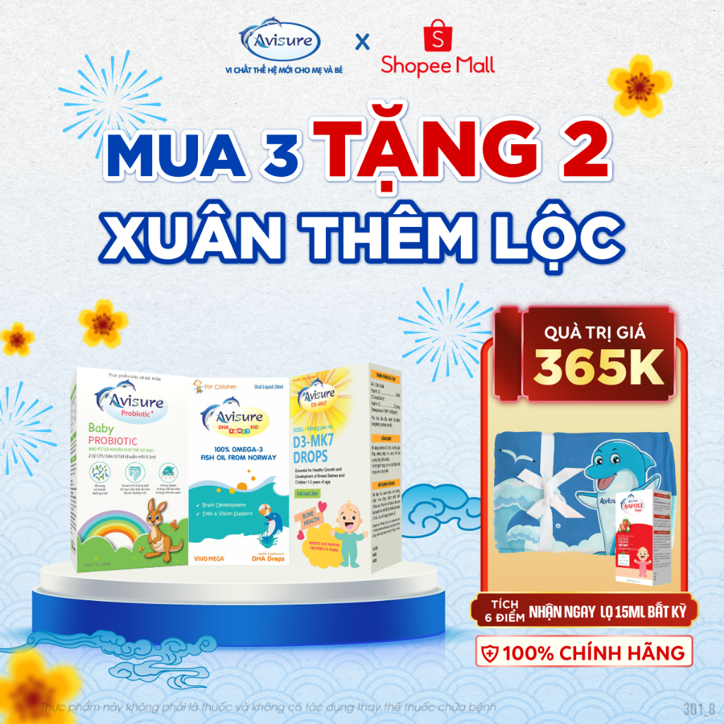 TPBVSK Combo sơ sinh bộ ba Avisure D3MK7, DHA, Probiotic hỗ trợ bé ngủ ngon, tiêu hoá tốt 20ml