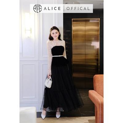 Set Váy Tiểu Thư Sang Chảnh Alice Áo Chất Nhung Phối Ren Kèm Đai, Chân Váy Dài Chất Lưới Lót Nhuyễn S1039