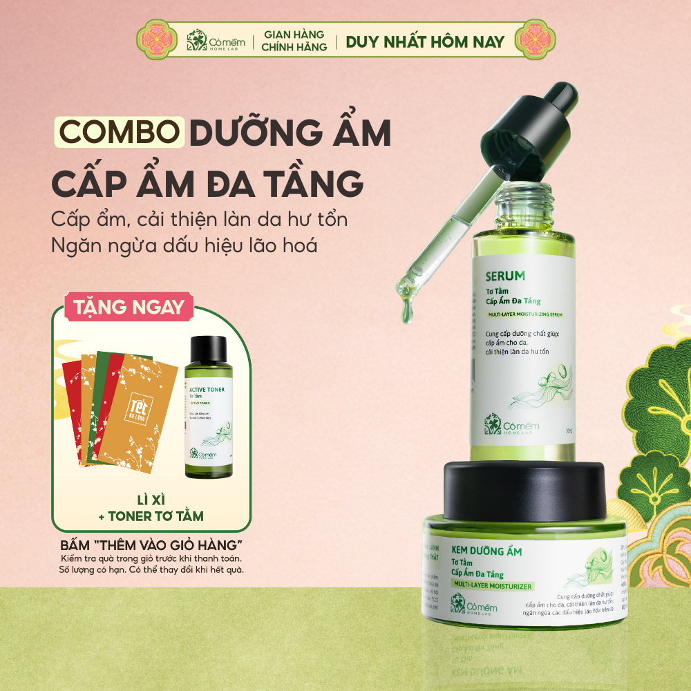  Combo Dưỡng Da Mặt Serum Kem Dưỡng Ẩm Đa Tầng Tơ Tằm Với Hoạt Chất HA B5 Creamide Betaglucan Cỏ Mềm 