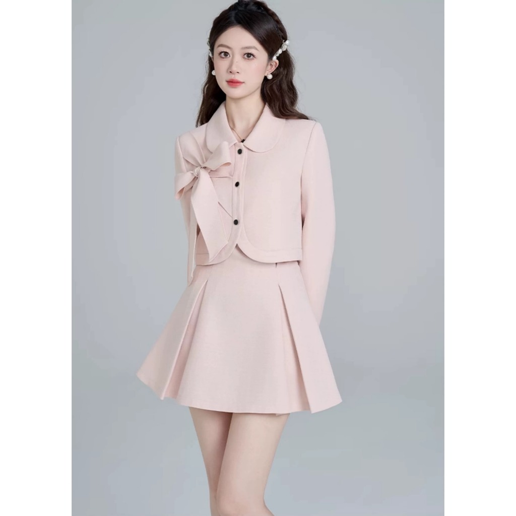 Bộ Đồ Nữ Áo Khoác Ngắn Phối Nơ Chân Váy Xếp Ly Phong Cách Tiểu Thư Hàn Quốc Hb.studio S67