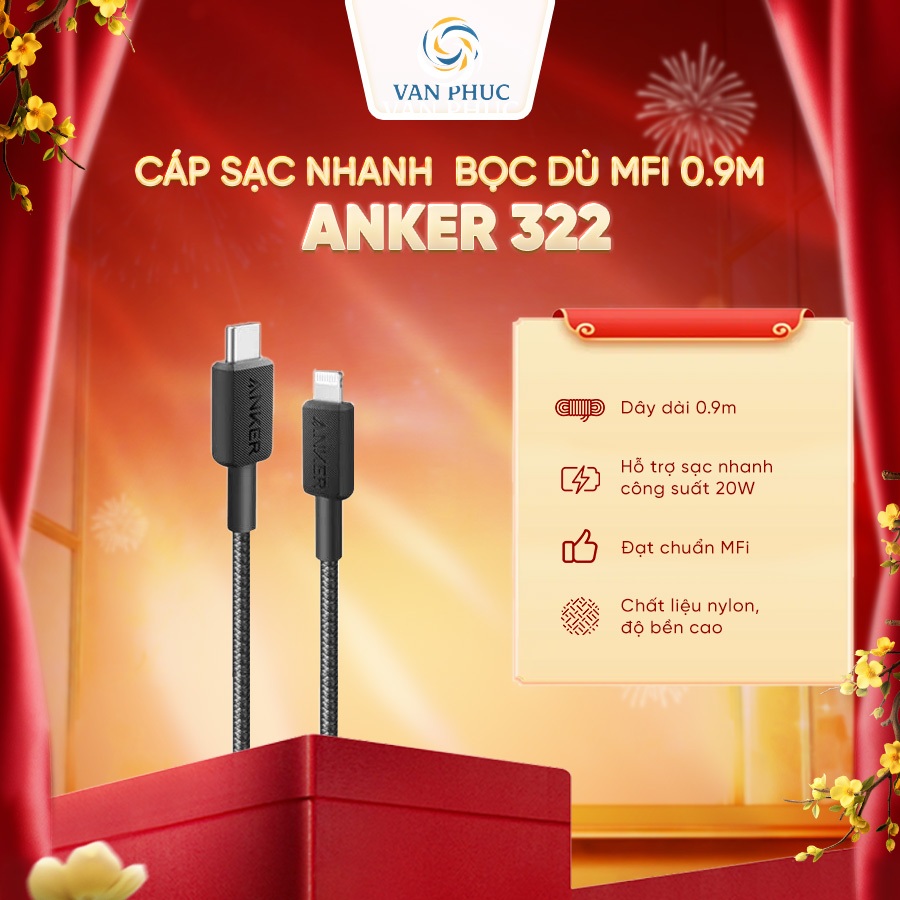 Cáp sạc nhanh Anker 322 bọc dù MFI 0.9m A81B5