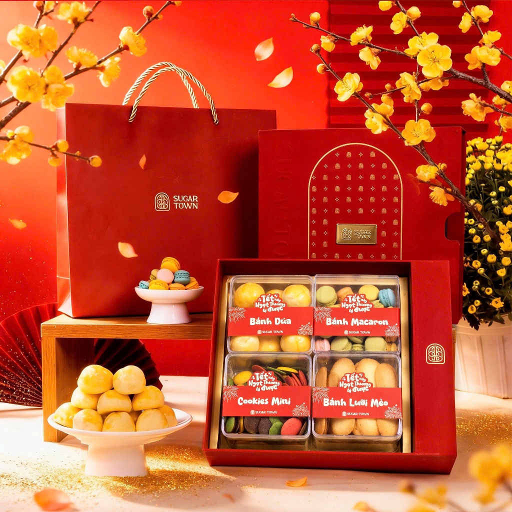 Set quà tặng Tết Ngọt Ngào 2 Sugar Town - set 4 bánh bao gồm 1 bánh dứa,1 lưỡi mèo,1 macaron,1 cooki