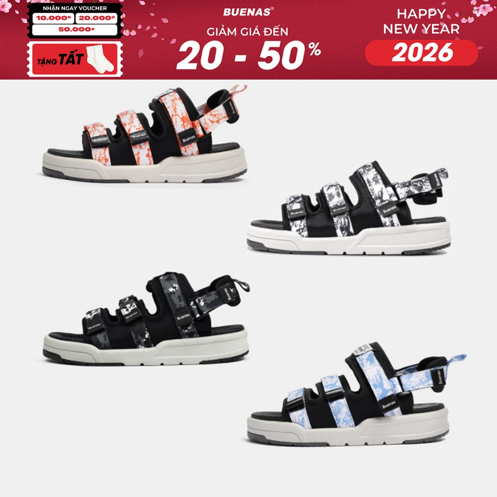 Giày sandal Buenas Sport 7979 hoạ tiết rằn ri và camo, dép quai hậu đi học nam nữ quai ngang đế cao 