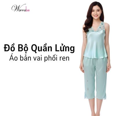 Đồ bộ mặc nhà lụa WANNABE bộ đồ nữ quần lửng phối áo bản vai viền ren cổ xinh tươi BLS04