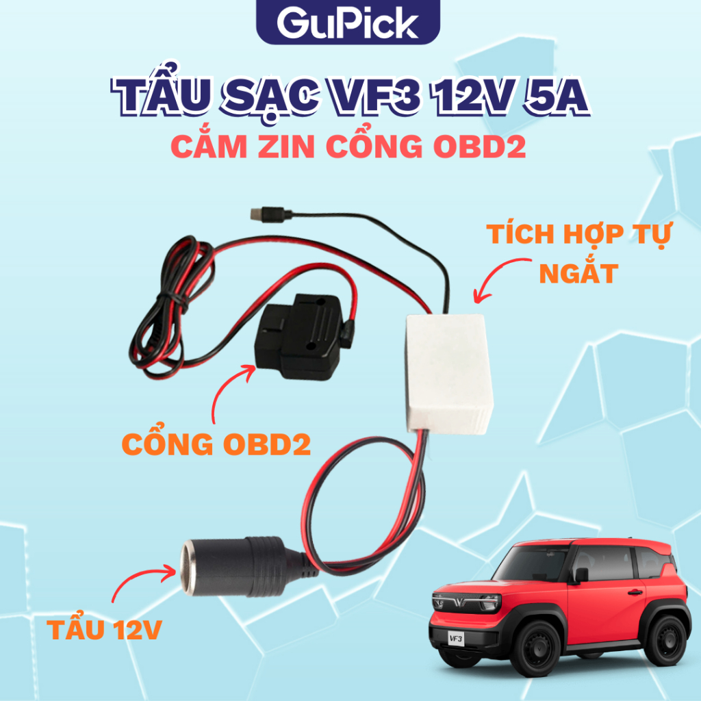 OBD2 sang tẩu sạc VF3 12V 5A, tẩu sạc thông minh tự ngắt GuPick, gắn cổng zin VF3 giúp giữ bảo hành 