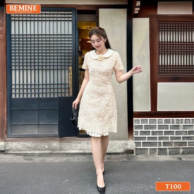 Đầm thiết kế BEMINE cổ sen ren hoa nổi dáng chữ A phù hợp đi tiệc-T100