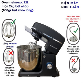 (Bản 2026)  Máy trộn bột Gouremtmaxx 12L móc câu inox - có hẹn giờ, chạy siêu êm- trộn tối đa 2 kg bột nhào