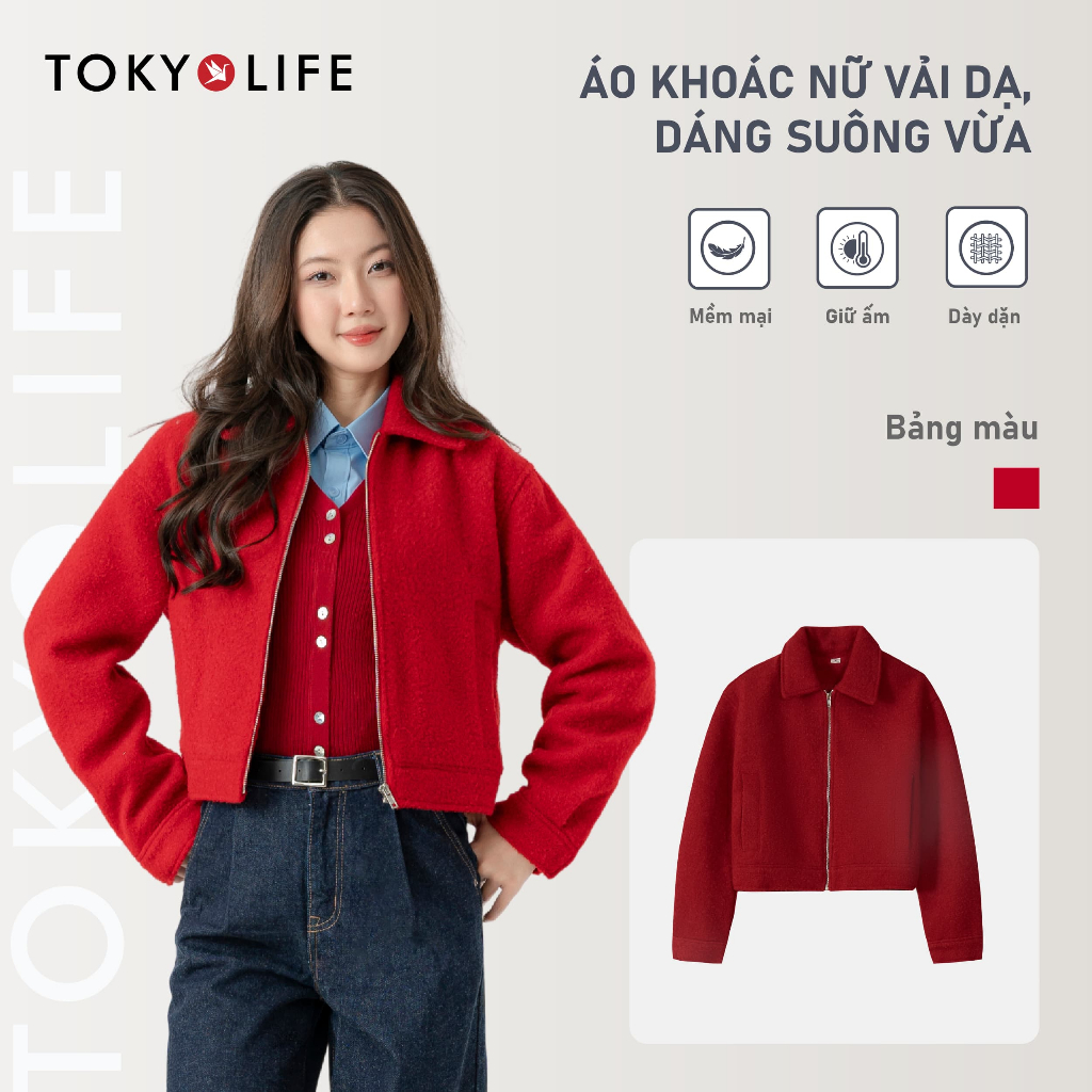 Áo khoác nữ vải dạ, dáng suông vừa TOKYOLIFE phong cách thời trang dáng ngắn dễ phối đồ 40002347