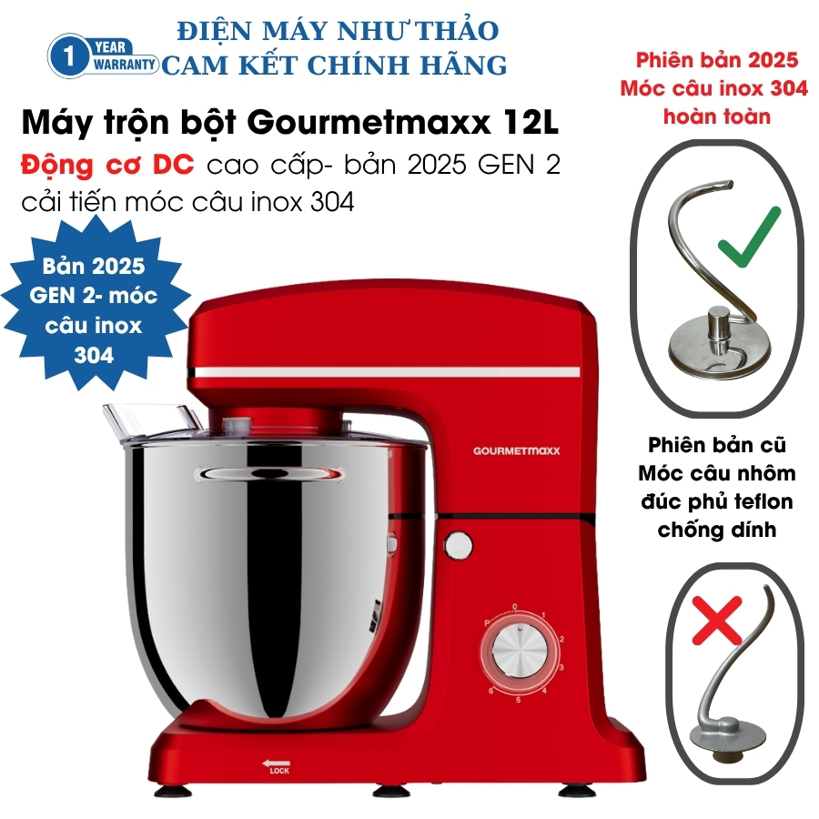 (Hàng Đức) Máy trộn bột GOURMETmaxx 12L phiên bản 2026 nâng cấp động cơ DC, chạy êm ái, không nóng máy