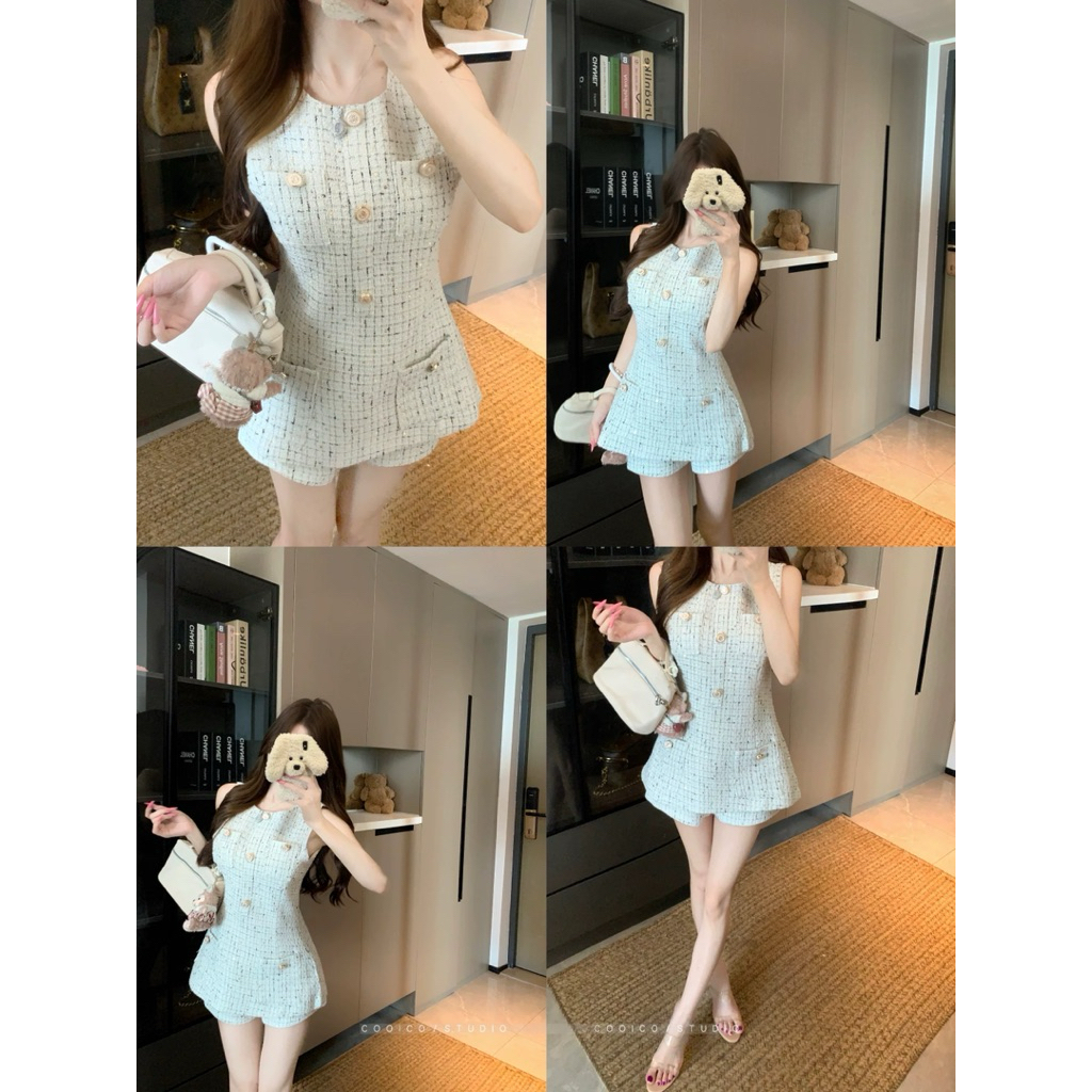 Set áo vest không tay + quần short bằng vải tweed cao cấp Quảng Châu 2027 Aline Store