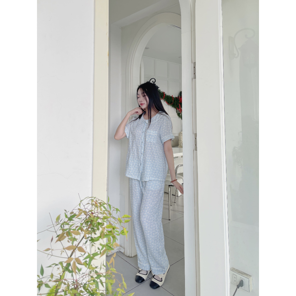 Đồ bộ mặc nhà nữ xô muslin cổ sen 100% cotton tay ngắn quần dài, pyjama xô muslin mềm mát