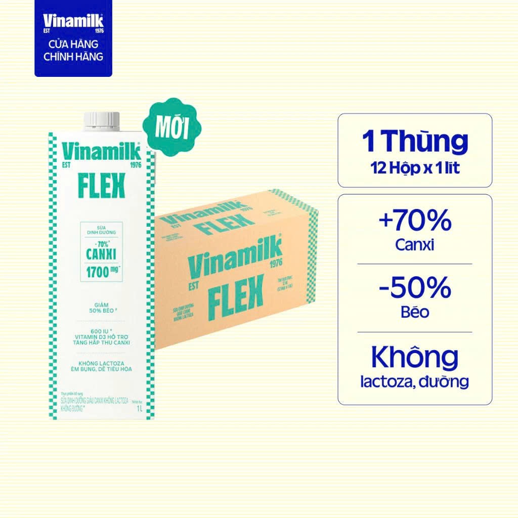 (HSD T11-2026) Thùng 12 Hộp Sữa tiệt trùng Vinamilk Flex 1L không Đường.