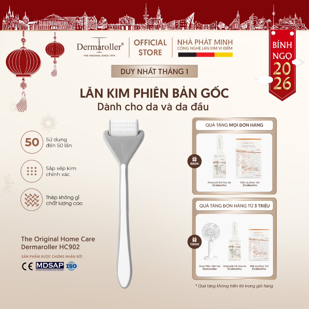 Lăn kim nguyên bản Dermaroller HC902 dùng tại nhà hỗ trợ chăm sóc da mặt và  da đầu