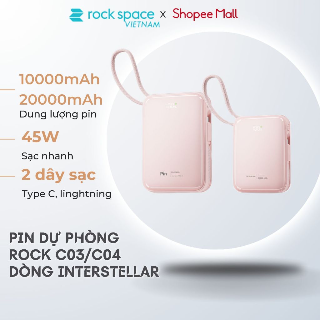 Pin dự phòng ROCK C03/C04 dòng Interstellar 45W với cáp tích hợp, dung lượng 10000/20000mAh.