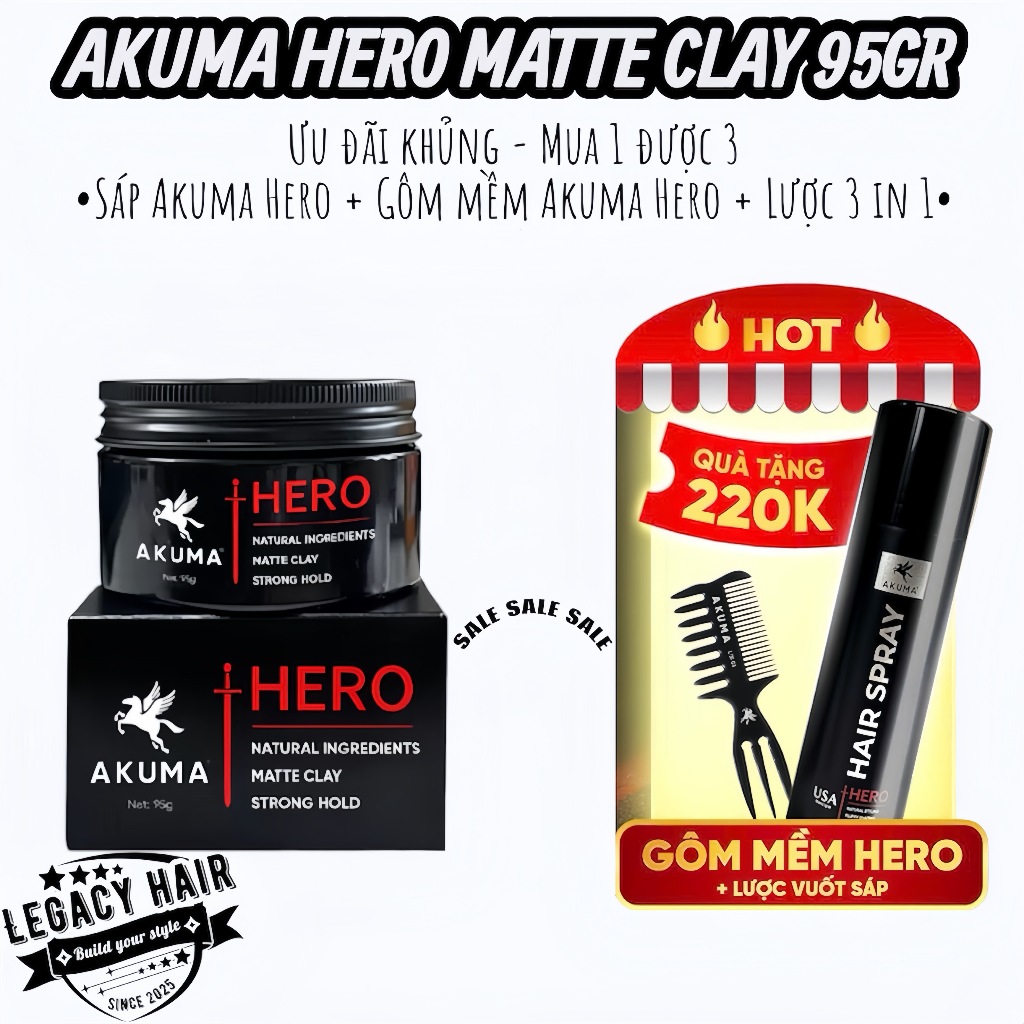 [Mua 1 được 3] Sáp vuốt tóc AKUMA HERO tặng kèm Gôm xịt mềm AKUMA + Lược 3in1, giữ nếp tốt, khóa for