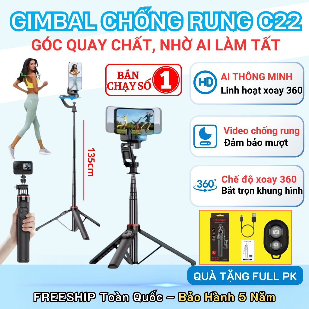 Gimbal chống rung điện thoại C22, Gimbal theo dõi chuyển động, Điều khiển từ xa, Gymbal Ai xoay 360