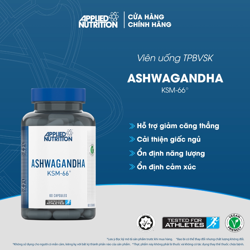 Applied Nutrition Viên uống Sâm Ấn Độ Ashwagandha 60 viên - Hỗ trợ giảm căng thẳng